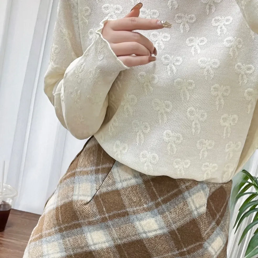 羊毛欧根纱木耳边套头花边打底衫秋冬新款女