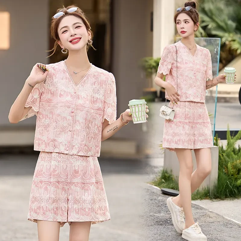 法式小香风蕾丝短裤套装女2025夏季新款小个子名媛气质碎花两件套