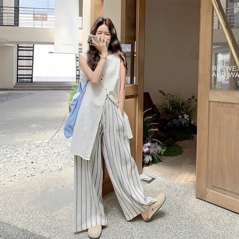 高级松弛感无袖上衣套装女夏装2025新款背心叠穿条纹阔腿裤两件套