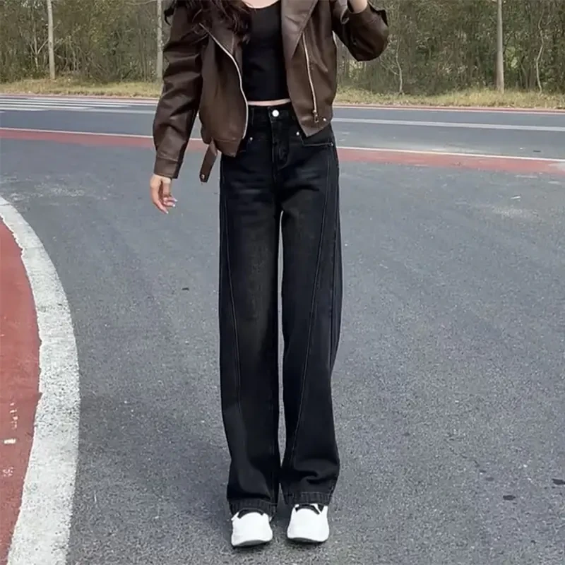 2025早秋新款黑色牛仔裤女大码显瘦窄版直筒拖地裤胖mm大码女装