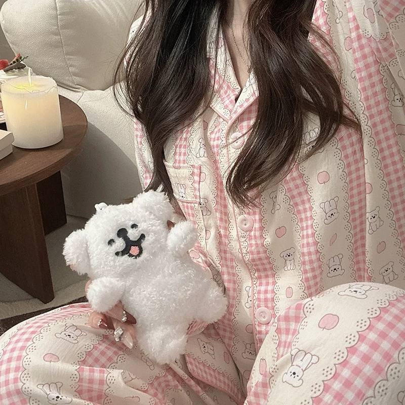 少女粉格苹果狗狗长袖睡衣女2025年春秋季新款宽松长裤家居服套装