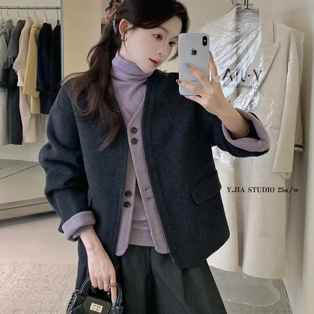 赫本风短款双面呢大衣女时尚百搭适合小个子