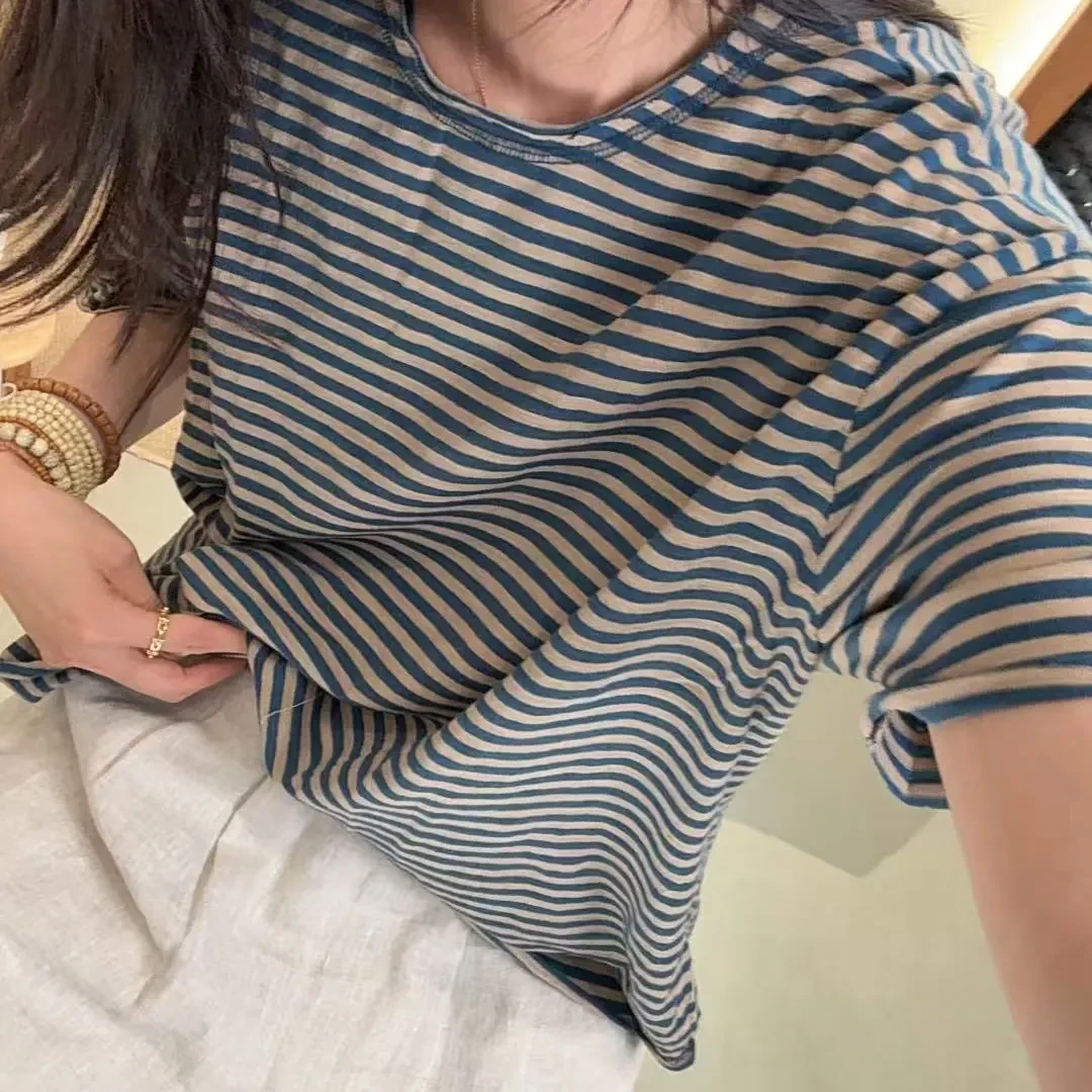 9511-短袖圆领T恤轻职风拼接条纹