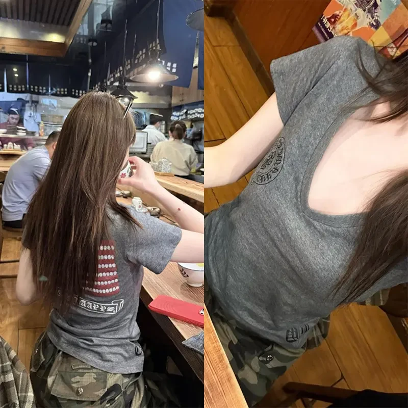 【现货+运费险补贴】美式高街设计感低领修身正肩女掐腰街辣妹上衣