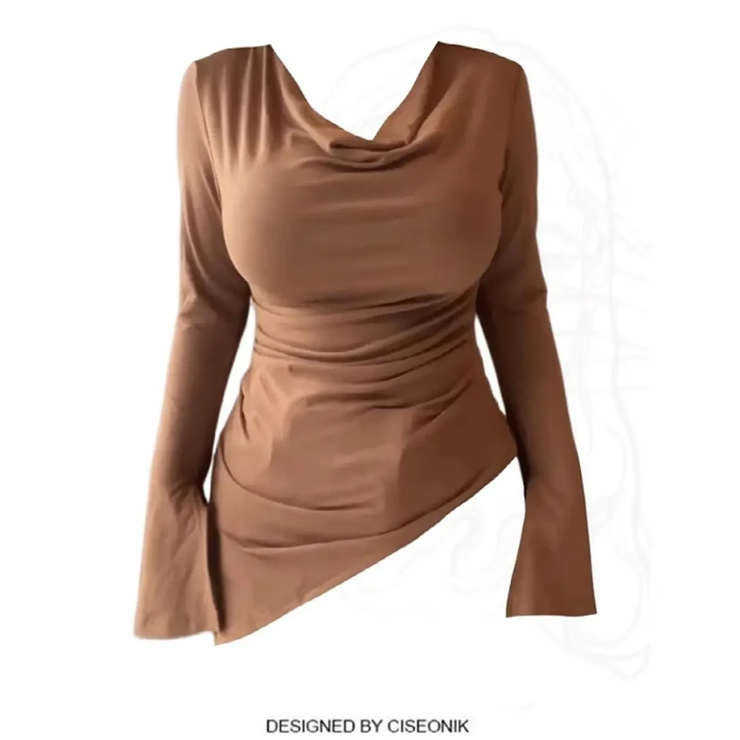 大码女装荡领长袖常规款修身型大码T恤常规加绒不对称韩式纯色