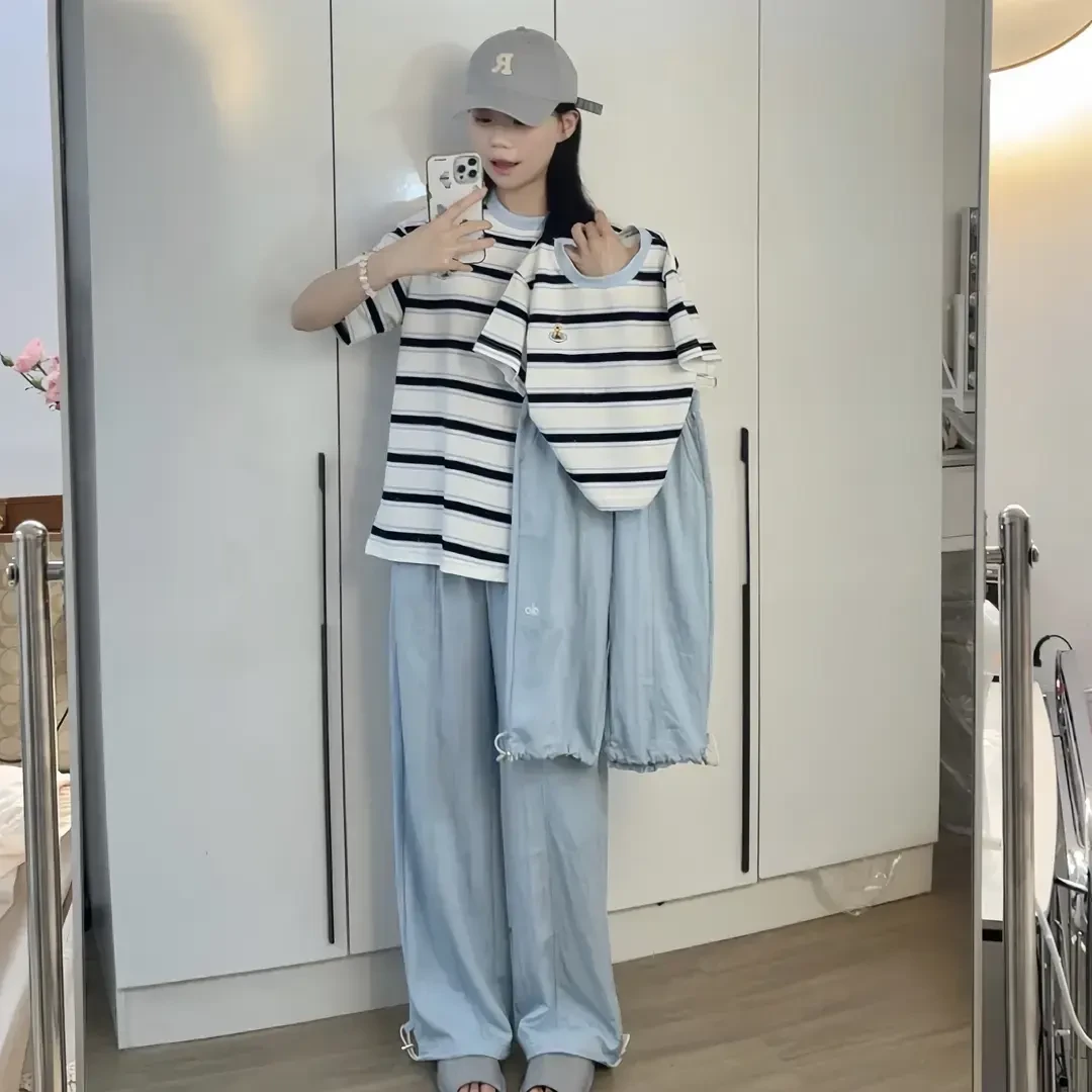 2025新款男童女童常规短袖条纹圆领刺绣T恤夏季休闲