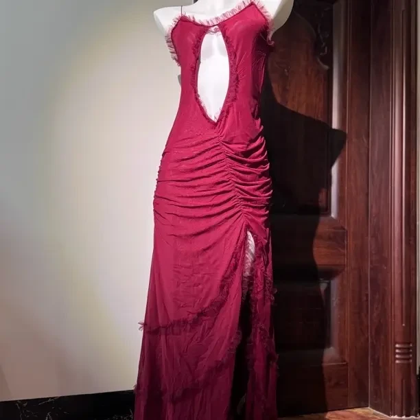 设计款性感镂空网纱透视辣妹吊带高开叉连衣裙