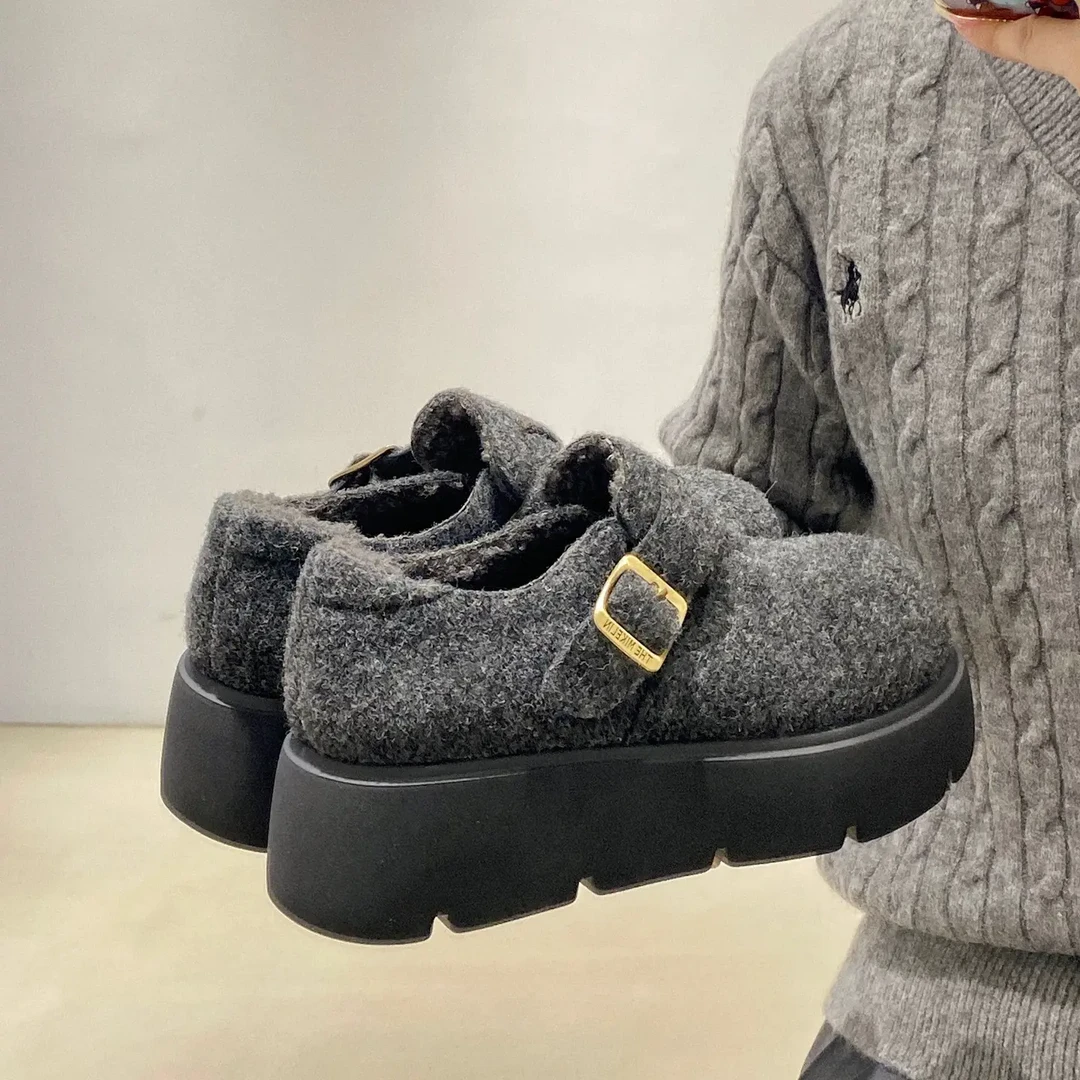 勃肯鞋女款复古毛呢厚底内增高加绒保暖大头冬季松糕毛毛鞋