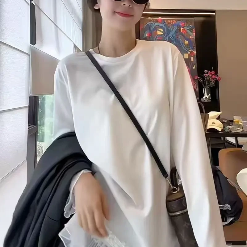 笑笑定制蕾丝拼接圆领长袖百搭休闲女士T恤上衣