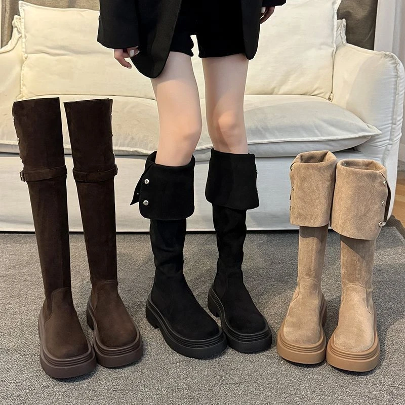 两穿翻折厚底长筒靴子女2025秋冬季新款粗跟时尚百搭过膝骑士靴子