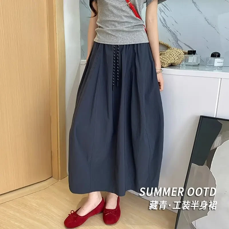 工装裙女2025新款夏季高腰显瘦南瓜裙拼接花苞裙小个子女款半身裙