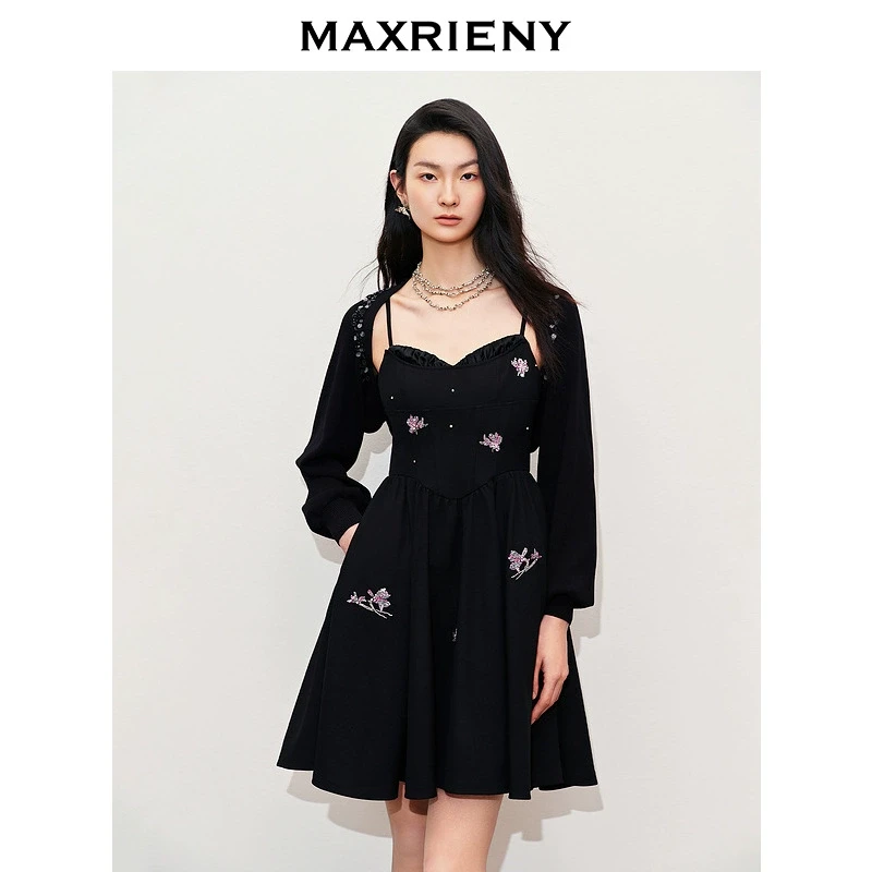 【诗语专属】MAXRIENY【东方玉兰】Y优雅兰花小黑裙吊带连衣裙