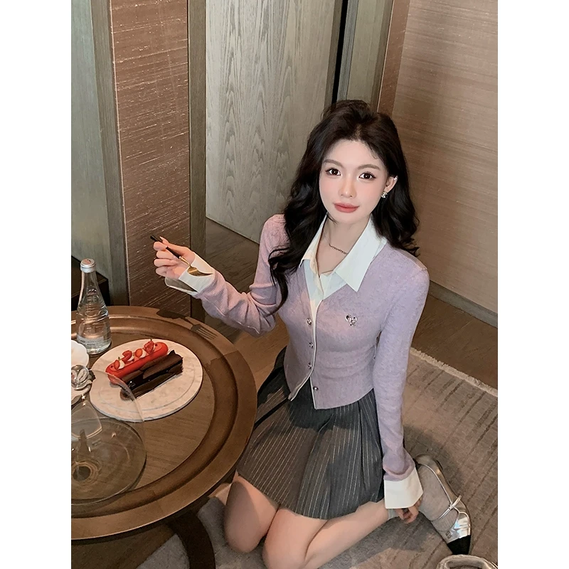 【QIUROUYAO邱肉瑶】漫画系学妹*学院条纹假两件针织开衫