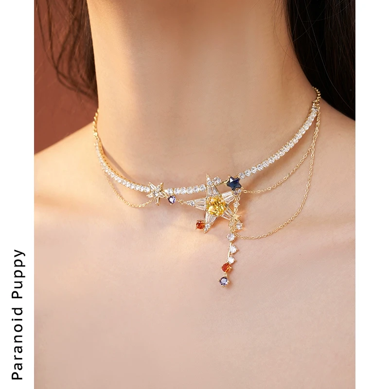 铜合金合成锆石项链 限定！彩色星星金属链条流苏项链女小众choker