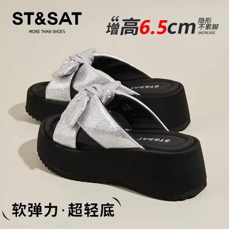 星期六蝴蝶结一字拖女秋季外穿百搭仙女风坡跟厚底舒适罗马凉拖鞋