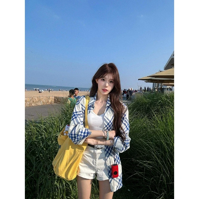 bbr蓝白斜纹格子防晒衬衫女夏季宽松长袖上衣外套 超显白新品