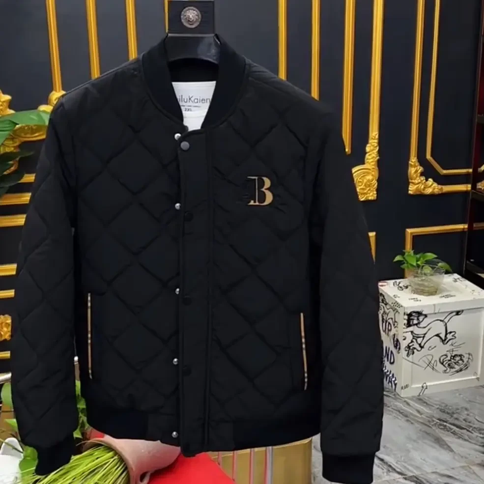 男士秋冬棒球领薄棉夹克外套时尚百搭菱格设计潮流夹克