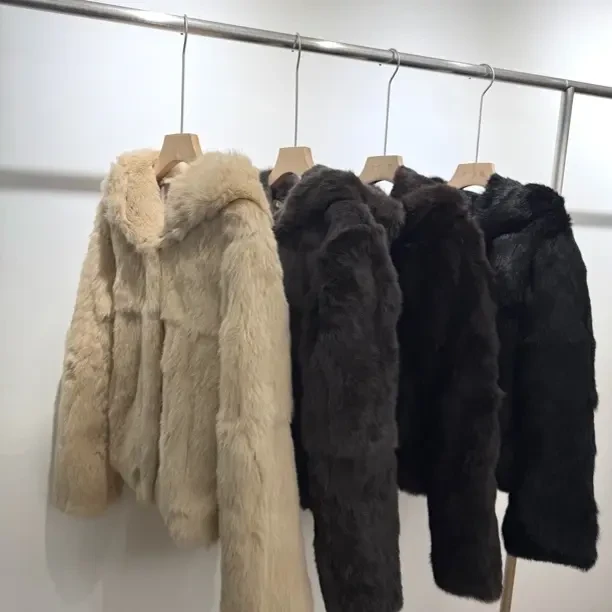 进口安哥拉整皮兔毛外套 连帽保暖外套