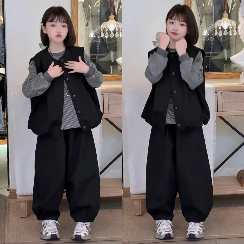 女童秋季新款简约韩系时尚条纹打底叠穿马休闲宽松弯刀三件套