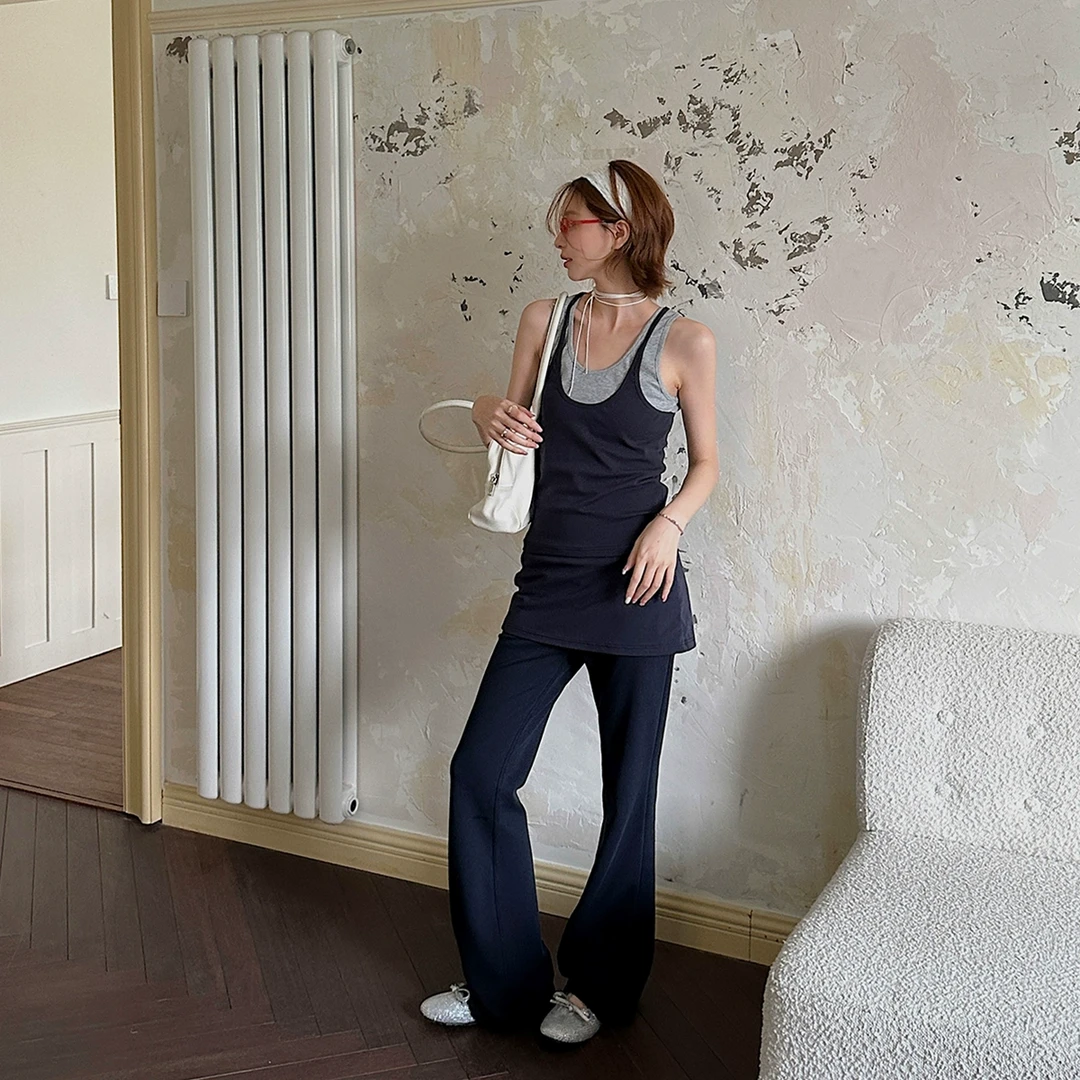 REREK设计师品牌 假两件螺纹腰微喇长裤 25新款 R25B04225100