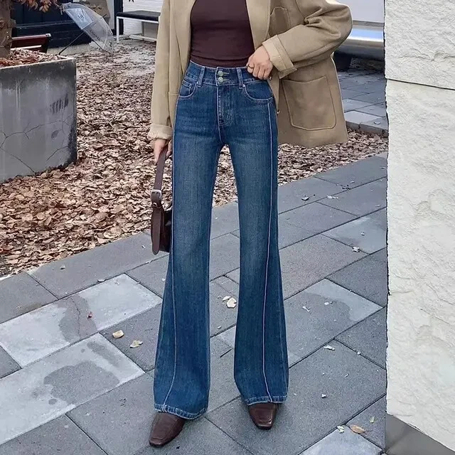 y9012设计感弹力牛仔裤女春秋季新款高腰宽松显瘦百搭气质喇叭裤