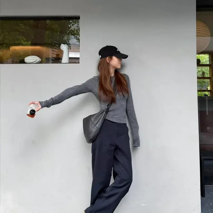 秋季新款韩系气质简约圆领修身长袖上衣百搭休闲裤高冷酷飒女装