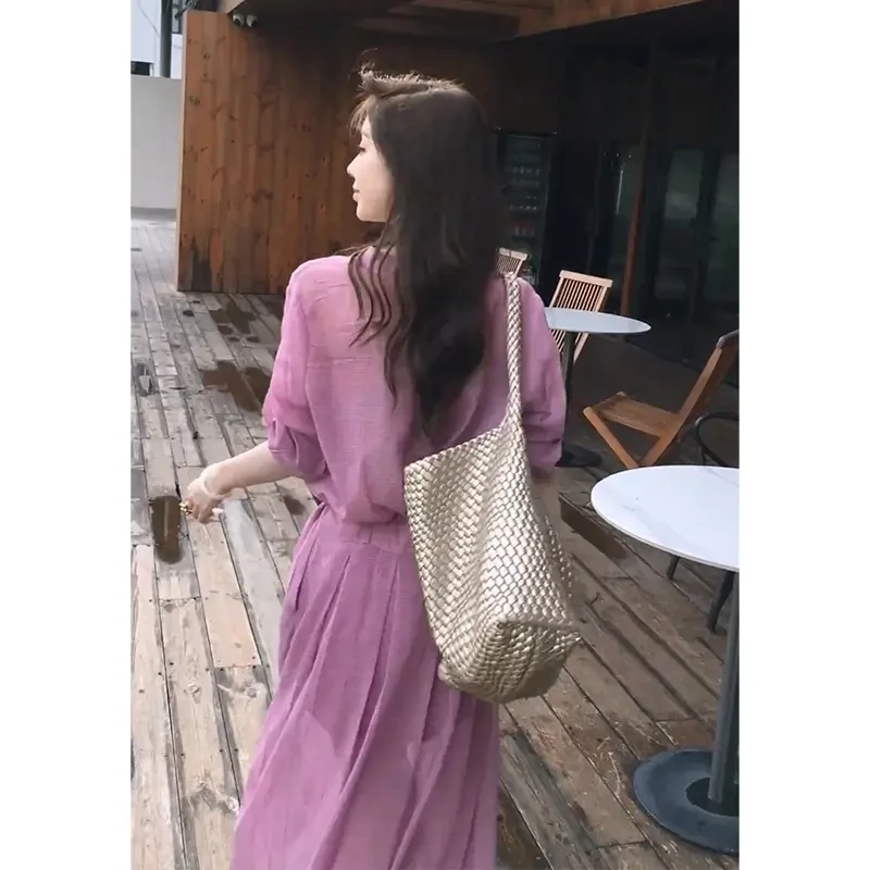 夏季设计感连衣裙女2025新款法式气质圆领短袖收腰显瘦中长款裙子