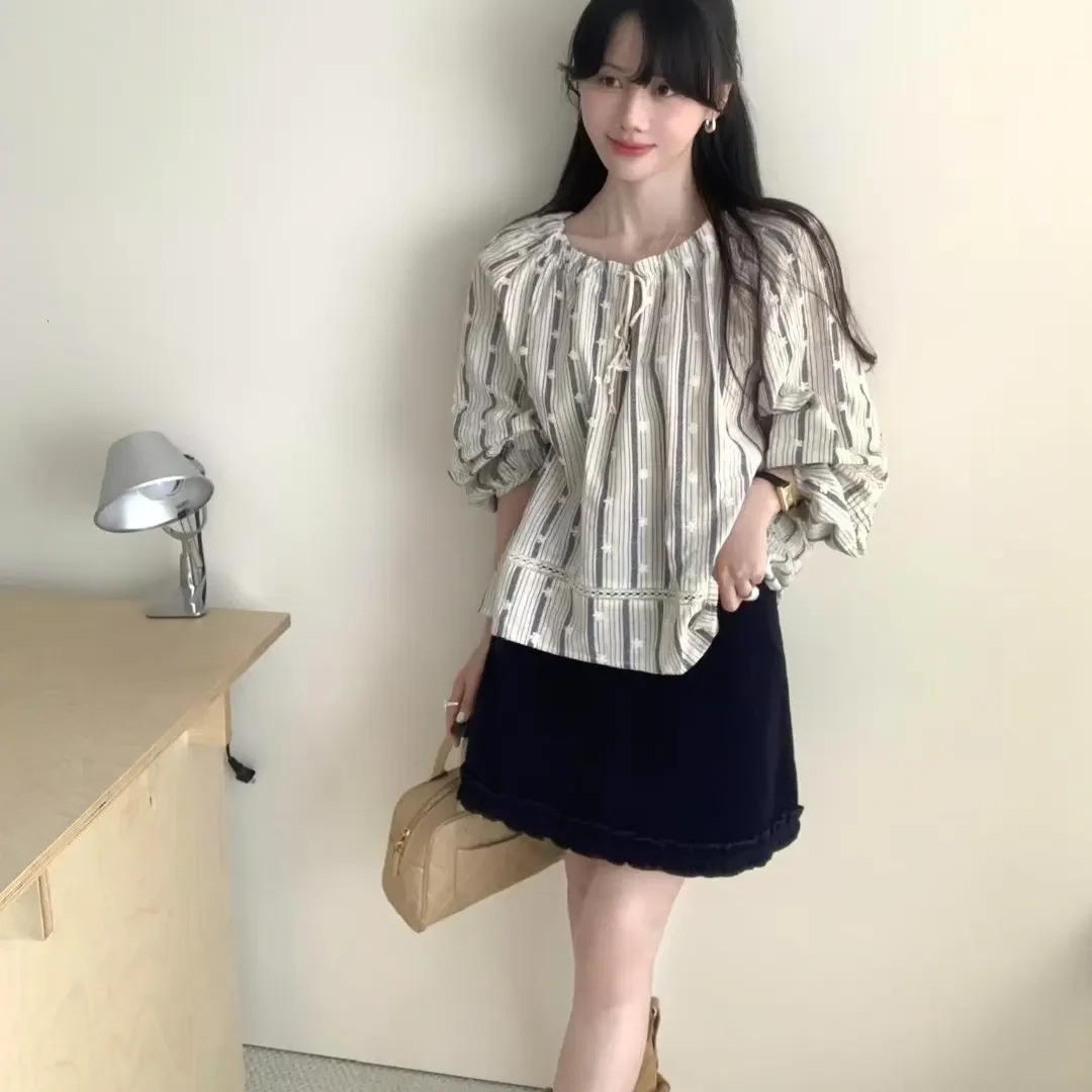 早秋新款短款蕾丝花边长袖衬衫法式小资风女装