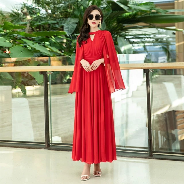 夏季红色雪纺连衣裙女2025新款大摆长款到脚踝高级感显瘦度假长裙