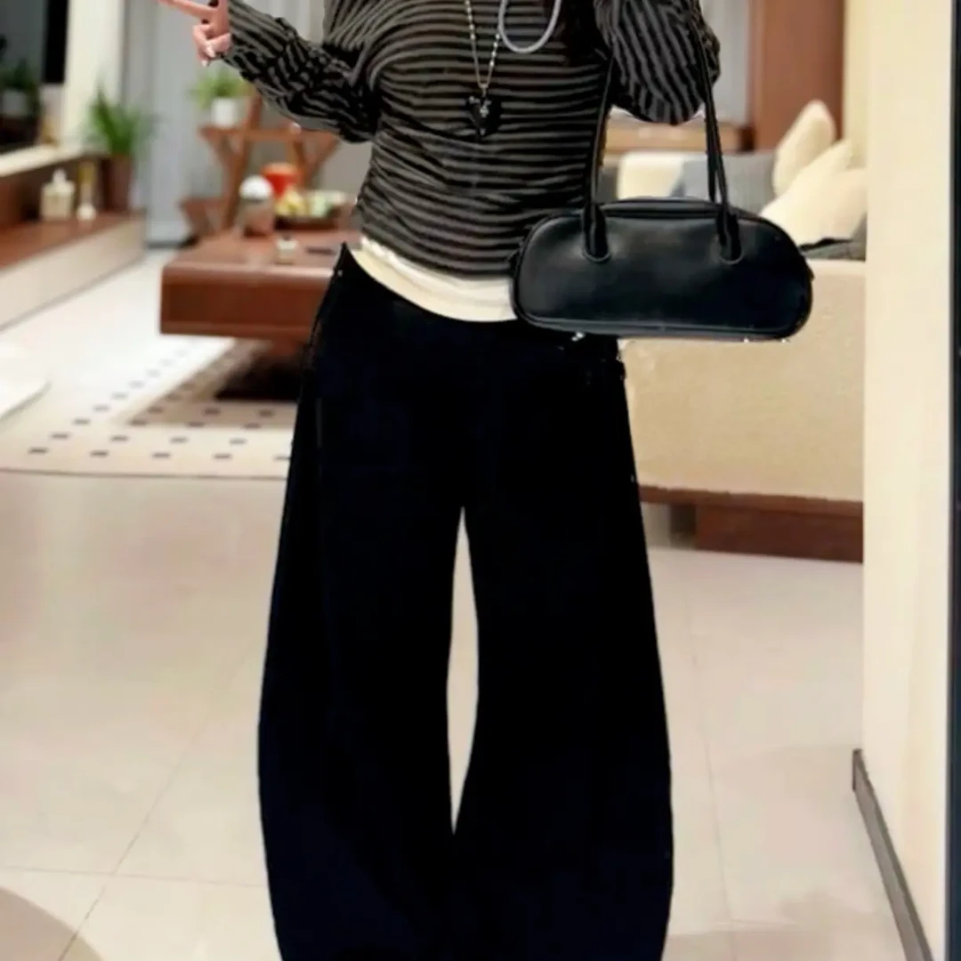 大码高腰弯刀黑色休闲女裤秋季新款宽松显瘦百搭裤