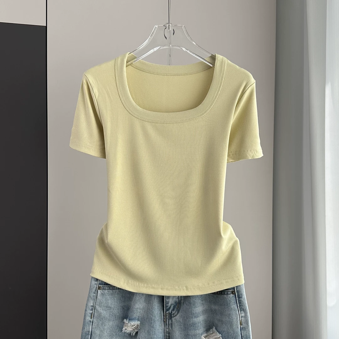 大码微胖纯色短袖T恤女夏季薄款方领体恤胖MM显瘦正肩螺纹上衣潮