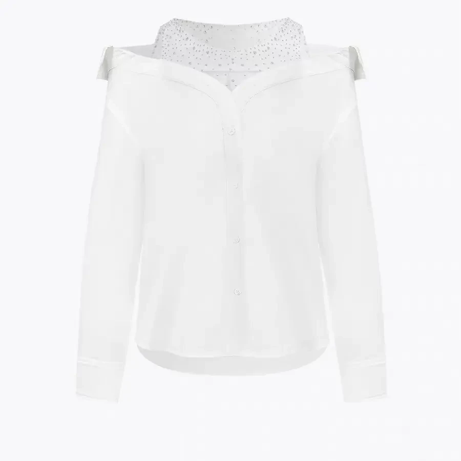 早春新款烫钻网纱拼接露肩宽松长袖衬衫