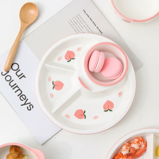 蜜桃减脂餐盘一人食家用早餐餐具儿童陶瓷减肥定量盘子三格分餐盘