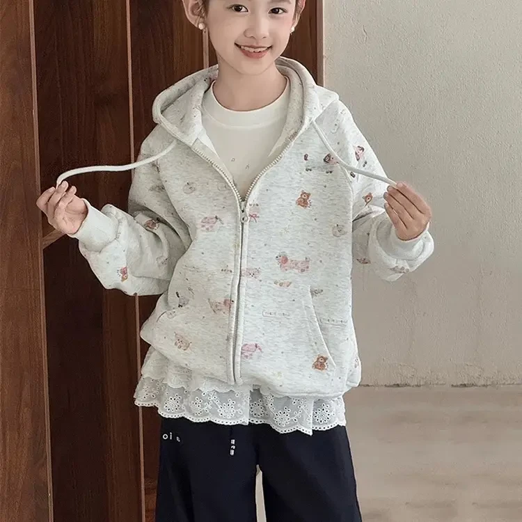 130-mochier沫弛尔女童韩版连帽开衫卫衣春秋新款宽松外套潮夹棉