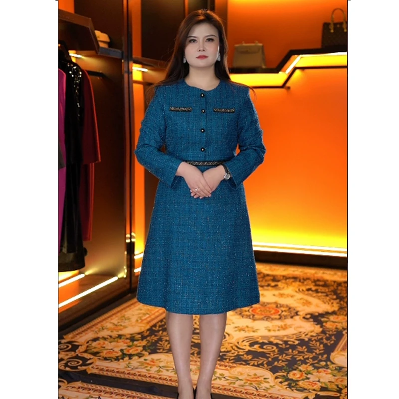 蔓缇蜜丝大码女2025秋冬新款高级感小香风法式气质轻熟名媛连衣裙