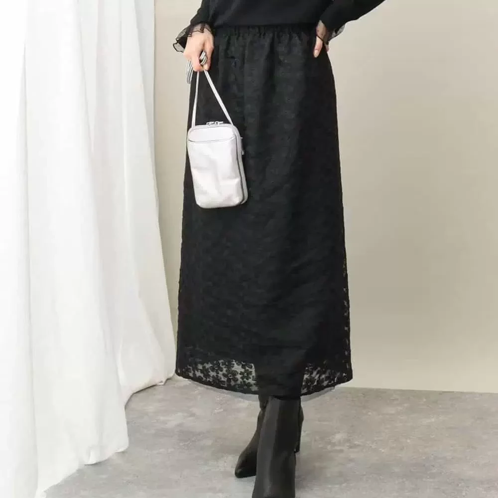 日单贵牌 松紧腰 欧根纱刺绣 半身裙45L