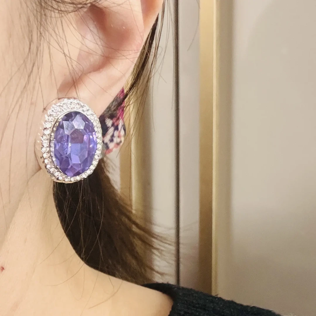 铜合金仿水晶耳饰 中古风紫色水晶耳夹