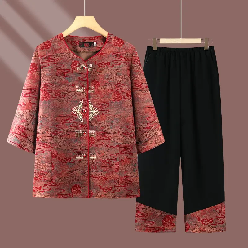 奶奶夏装七分袖衬衫新中式中老年人女唐装妈妈装老人老太太套装女