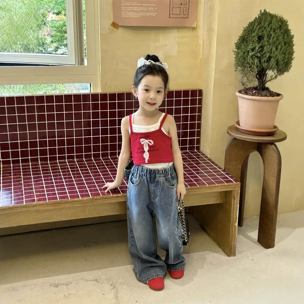女童夏季新款洋气两件套吊带背心女宝宝韩版蝴蝶结牛仔裤