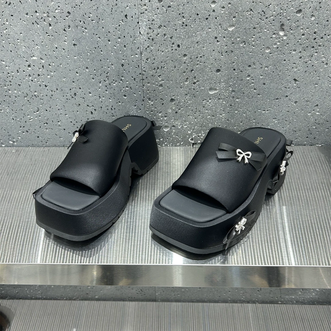 欧洲站女鞋2025夏款露趾松糕底沙滩鞋方头鱼嘴一字带增高凉拖鞋女