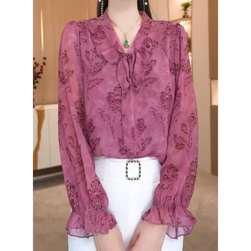 CYM1826飘带衬衫女士2025年夏季新款V领荷叶边小衫印花洋气上衣女