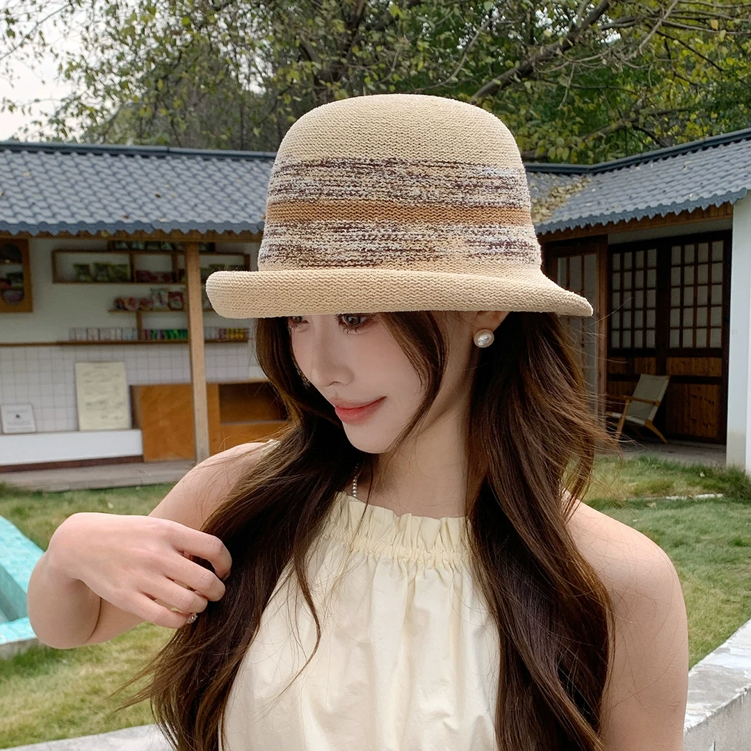 新款韩版夏季针织帽子女时尚气质显脸小礼帽户外旅游遮阳透气盆帽