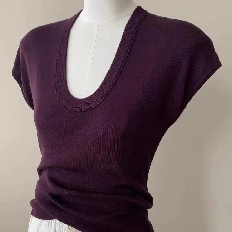 紫色u领针织正肩短袖T恤女薄款夏季洋气独特别致修身显瘦百搭上衣