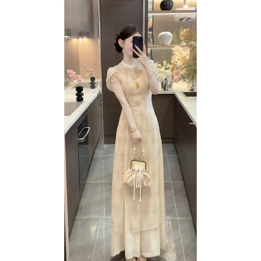 2025新款新中式夏季透气开衫长款连衣裙气质收腰显瘦国风长裙潮