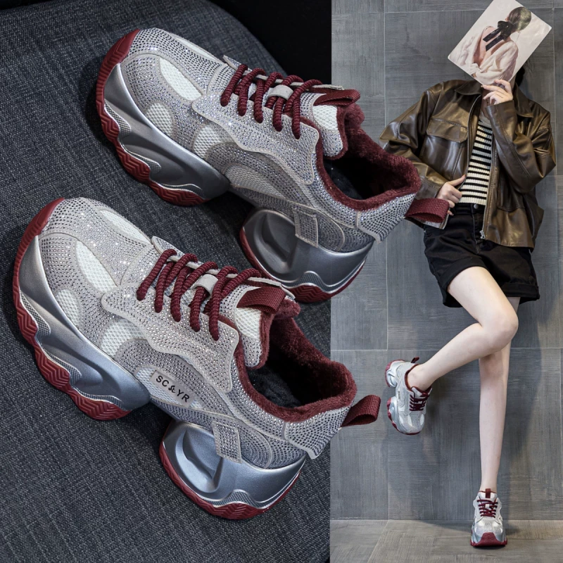 老爹鞋女冬季加绒加厚底内增高水钻满天星休闲运动鞋女款2024新款