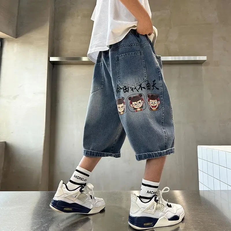 儿童装男童夏装薄款裤子2025新款中大童夏季牛仔短裤夏款哪吒中裤