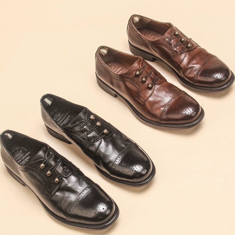 高档舒适百搭意大利高端手工小皮鞋中性复古布洛克雕花德比鞋女潮