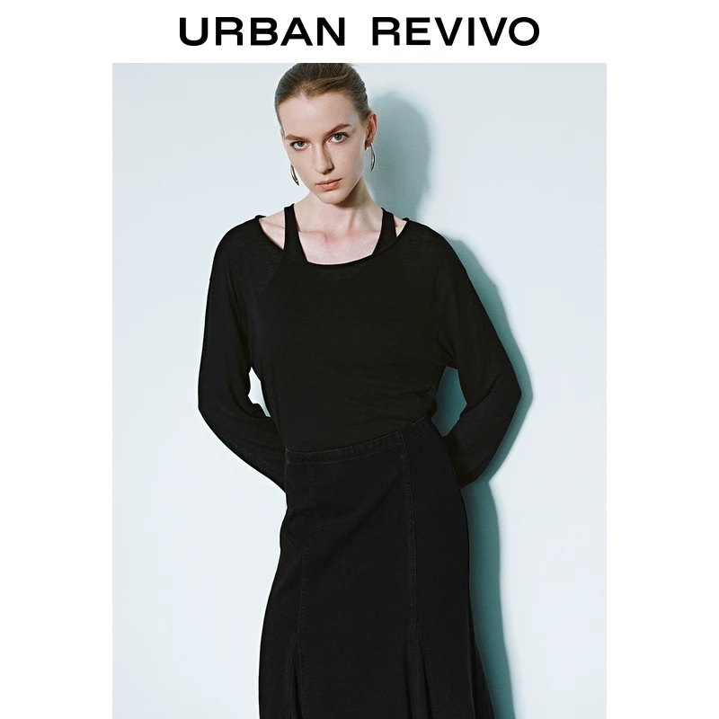 UR2025秋季新款女装时髦假两件设计感宽松长袖T恤UWM450007