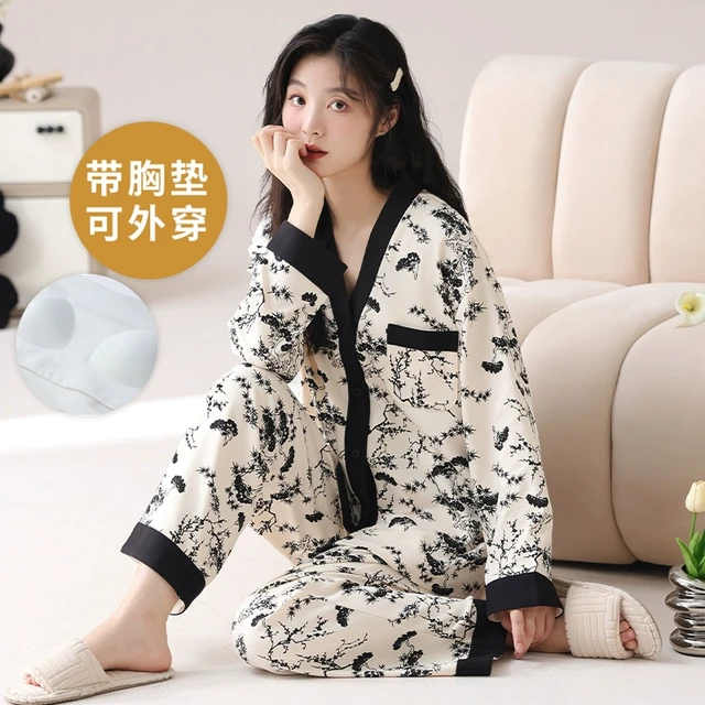 春秋季国风大码和服长袖睡衣套装女棉带胸垫一体夏冬款家居服开衫