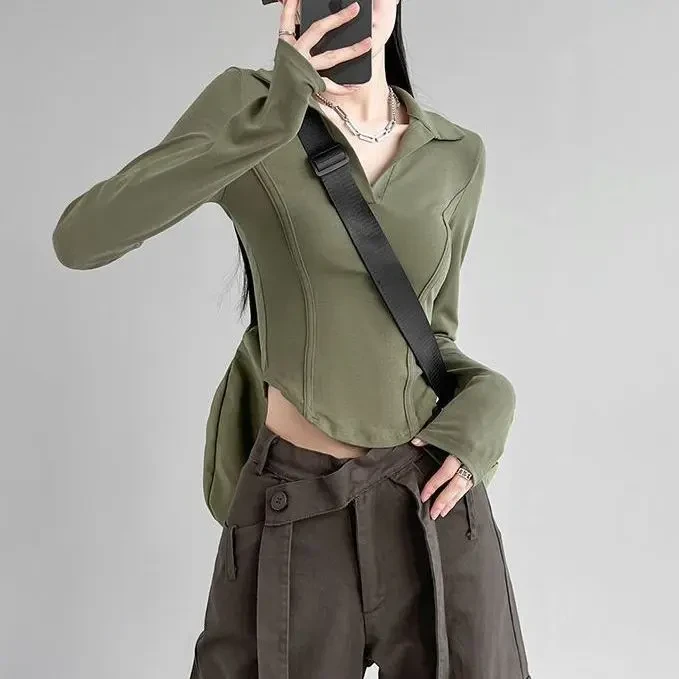 2025新款辣妹春秋polo领长袖T恤女修身纯色气质鱼骨显瘦打底上衣